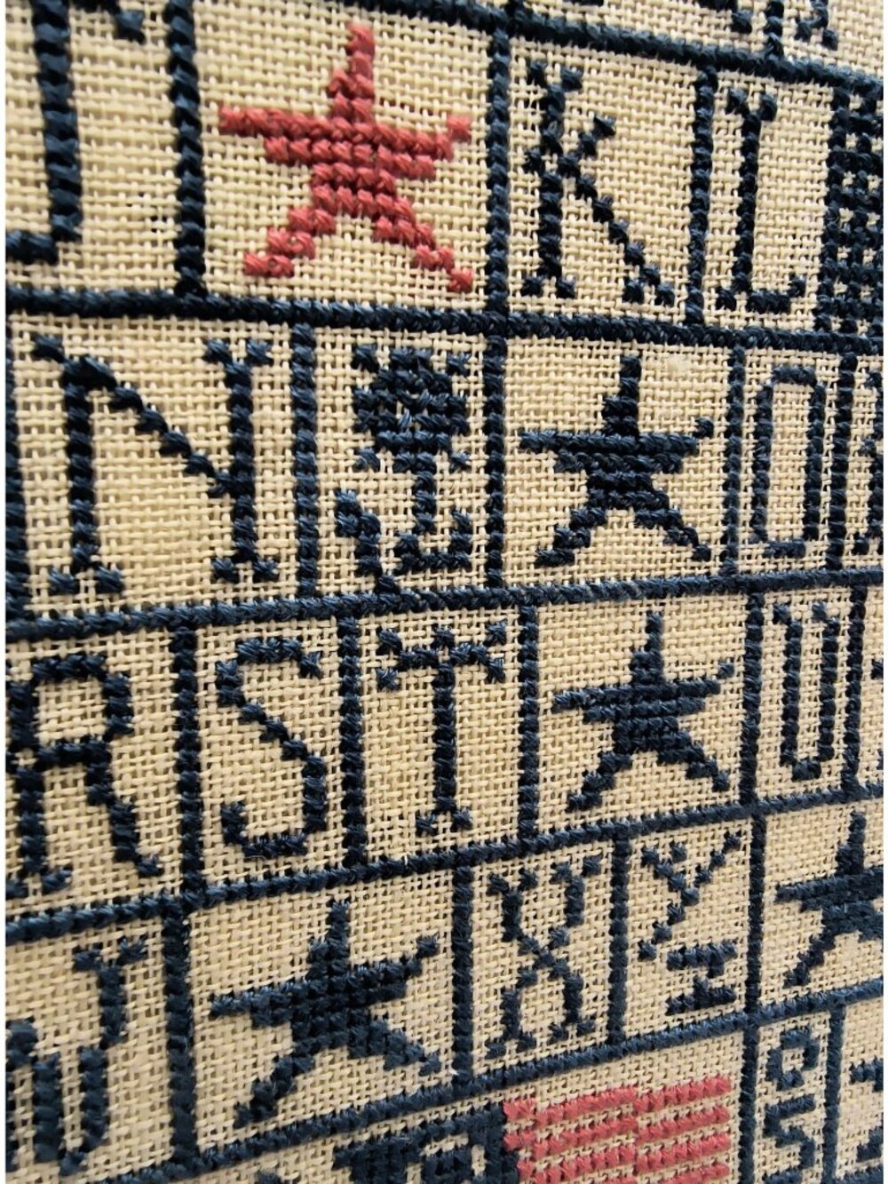 Framed Cross-Stitch Alphabet Sampler Stars Flag Design Rustic Black Frame - Picture 2 of 5